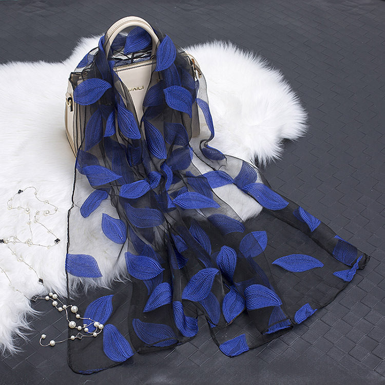 Trendy women's silk scarf with floral pattern and cut-out design – Fiora (1+1 FREE)-Leaves royal blue-The Livary