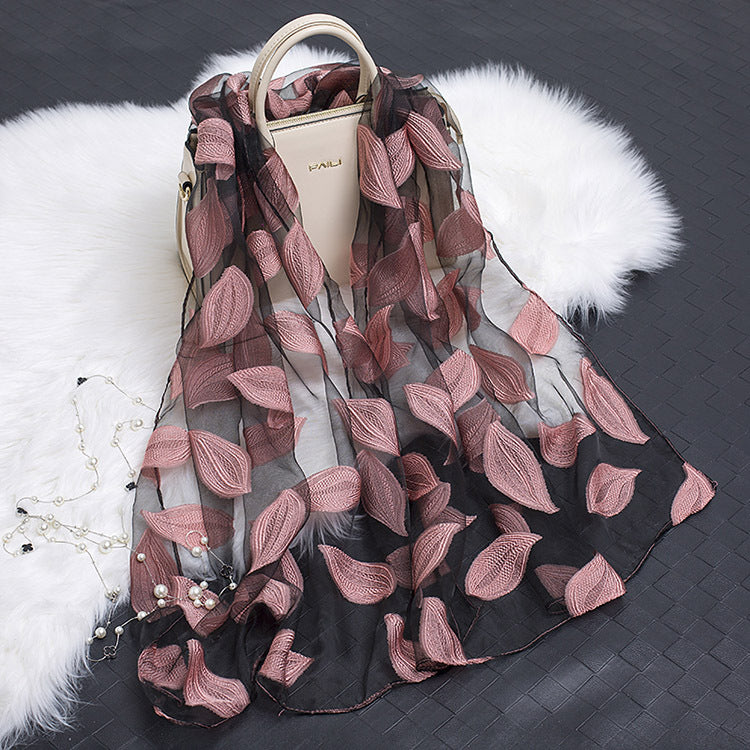 Trendy women's silk scarf with floral pattern and cut-out design – Fiora (1+1 FREE)-Grey-The Livary