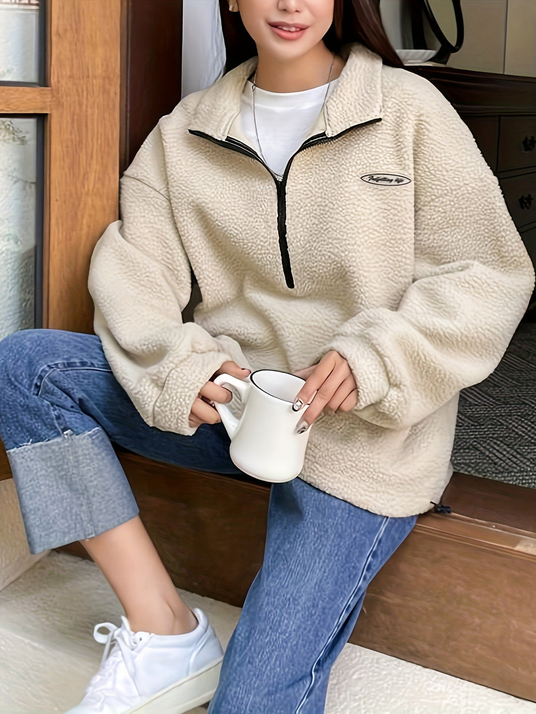 Plain Pullover Sweatshirt with Zipper - Nina-Green-S-The Livary