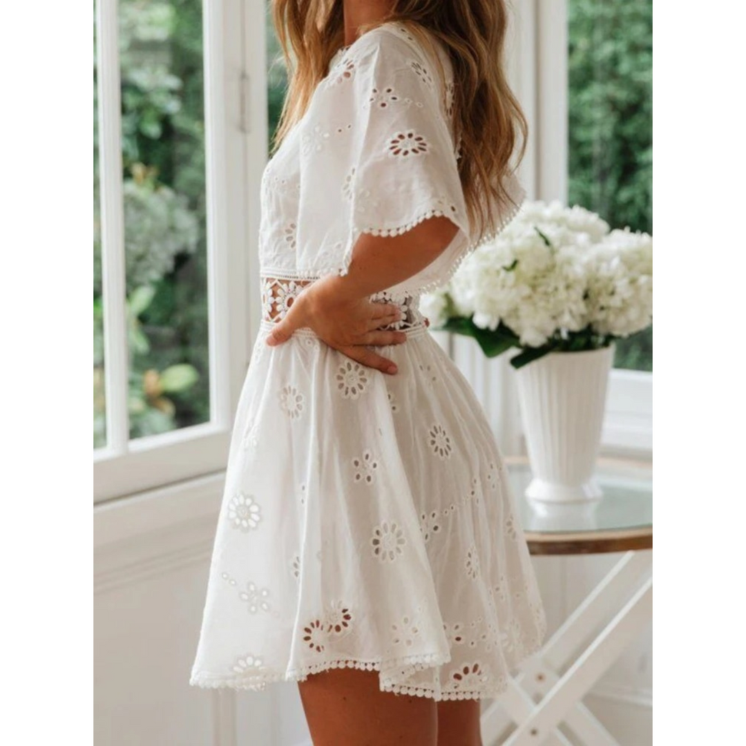 White airy summer dress with lace accents for women – Elina-S-The Livary