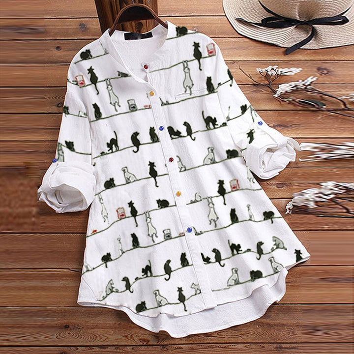 Light ladies' blouse with cat motif & button placket - Kaja-White-S-The Livary