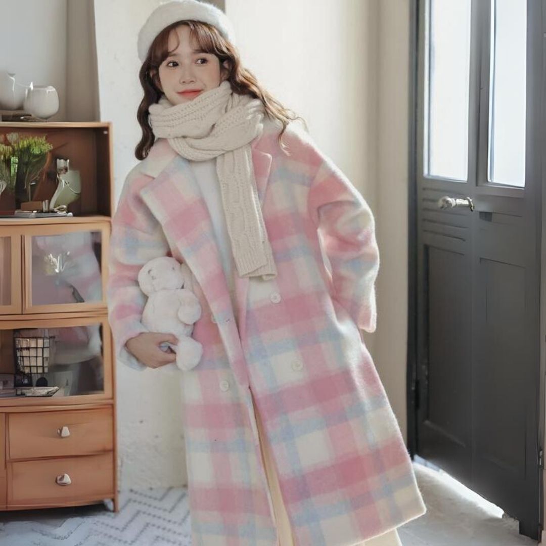 Pastel-Coloured Checked Wool Mix Coat with Double-Breasted Buttons - Sofie-XS-The Livary
