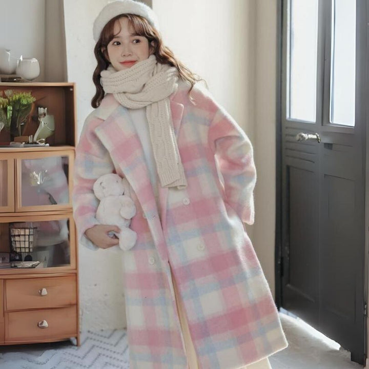 Pastel-Coloured Checked Wool Mix Coat with Double-Breasted Buttons - Sofie-XS-The Livary