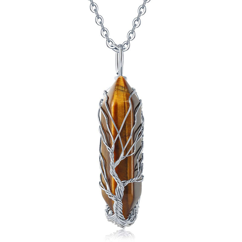 Stylish Crystal with Tree of Life Gemstone Necklace - Elara-Tiger's eye-The Livary