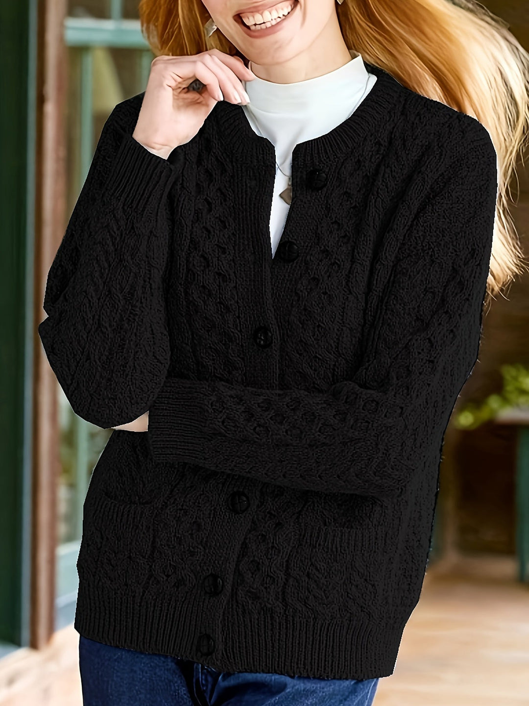 Plain Knitted Cardigan with Button Closure and Pockets - Olivia-Black-S-The Livary