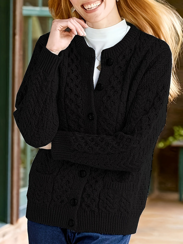 Plain Knitted Cardigan with Button Closure and Pockets - Olivia-Black-S-The Livary