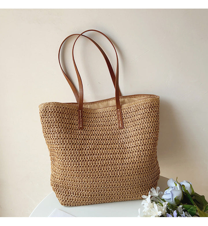 Rattan Woven Bag with Leather Straps - SummerBreeze Tote-Brown-The Livary