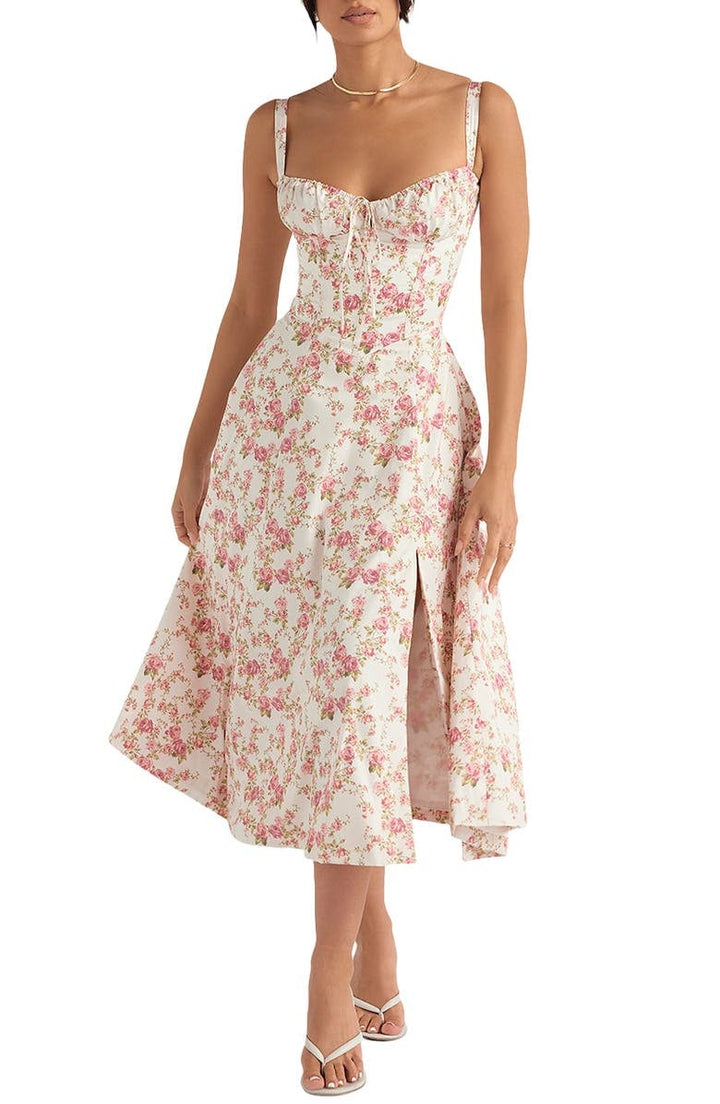Bustier Summer Dress with Waist Shaper - Isabella-Knee length - 1 layer-Pink Flowers-XS-The Livary