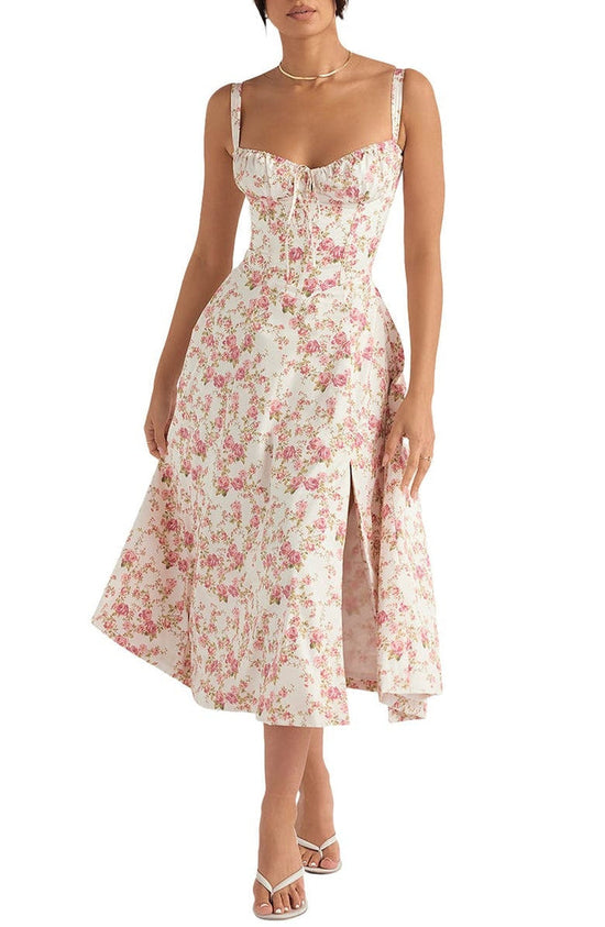 Floral Maxi Dress with Waist Definition - Fleur-Rose blossom-S-The Livary