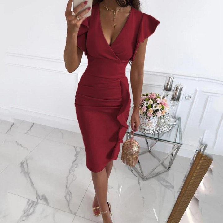 Stylish V-Neck Dress with Pleated Sleeves - Maud-Dark red-S-The Livary
