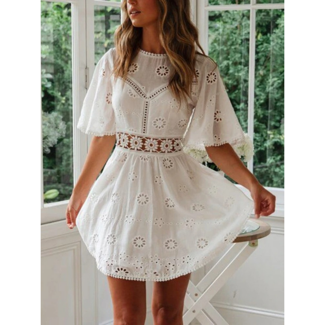 White airy summer dress with lace accents for women – Elina-S-The Livary