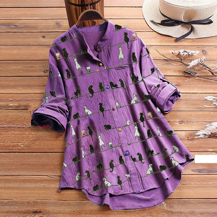 Light ladies' blouse with cat motif & button placket - Kaja-Violet-S-The Livary