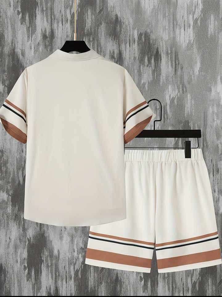 Two-piece set with striped print short-sleeve shirt and shorts - Mateo-Apricot-M-The Livary