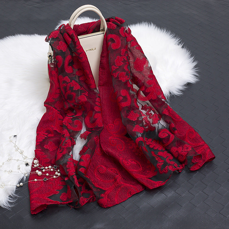 Trendy women's silk scarf with floral pattern and cut-out design – Fiora (1+1 FREE)-Red flower-The Livary