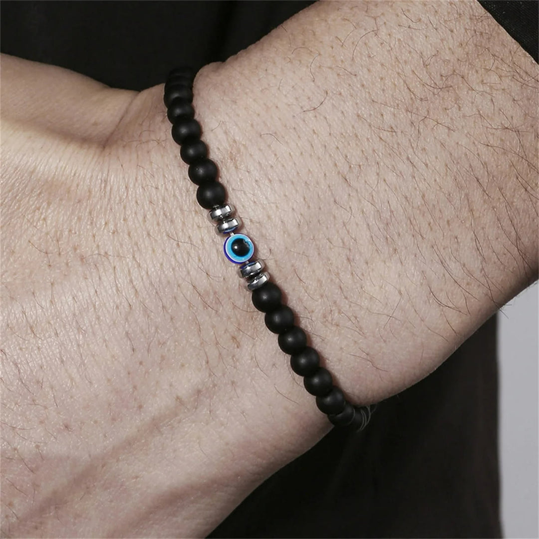 Men's 4mm Natural Stone Evil Eye Bead Bracelet - Thor-Black onyx-The Livary