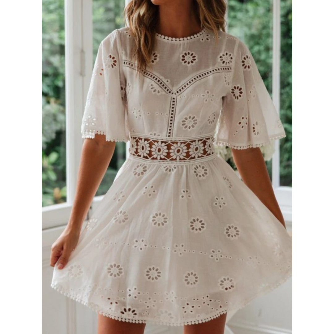 White airy summer dress with lace accents for women – Elina-S-The Livary
