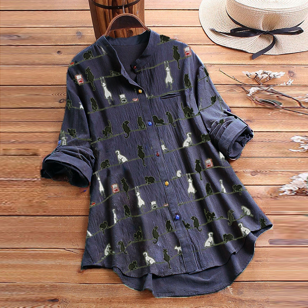 Light ladies' blouse with cat motif & button placket - Kaja-Black-S-The Livary