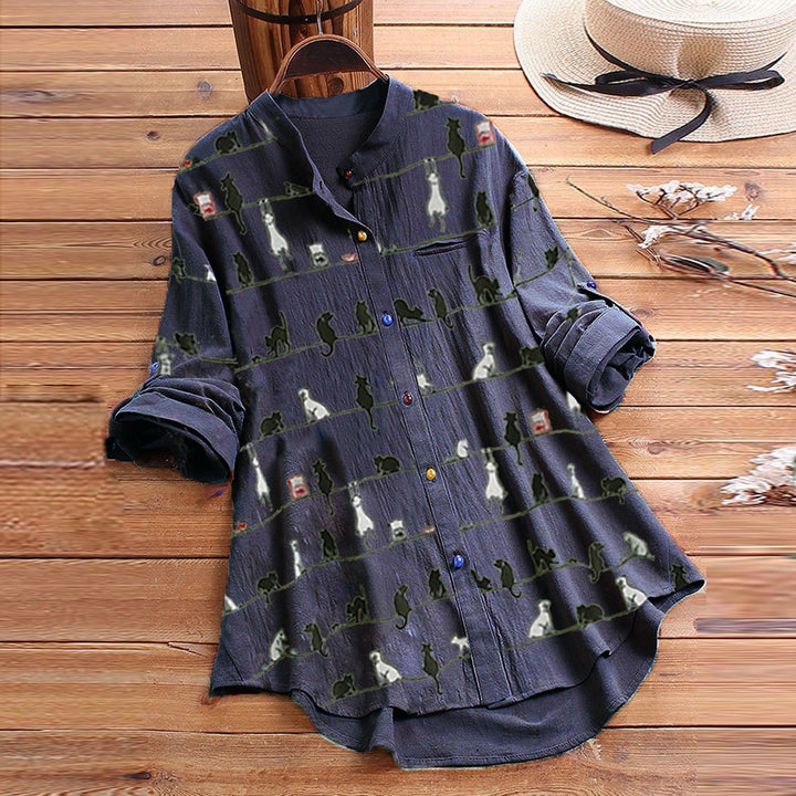 Light ladies' blouse with cat motif & button placket - Kaja-Black-S-The Livary