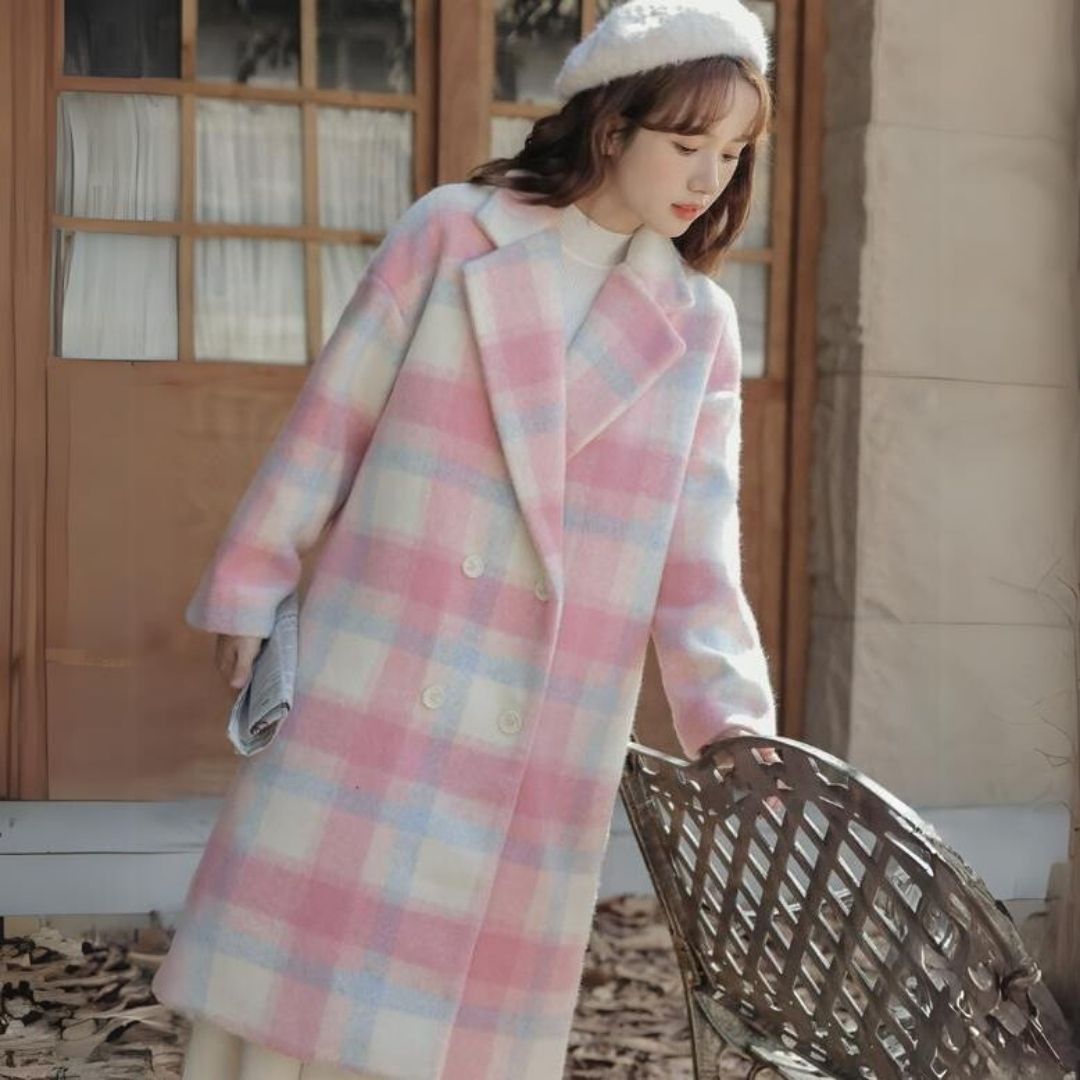 Pastel-Coloured Checked Wool Mix Coat with Double-Breasted Buttons - Sofie-XS-The Livary