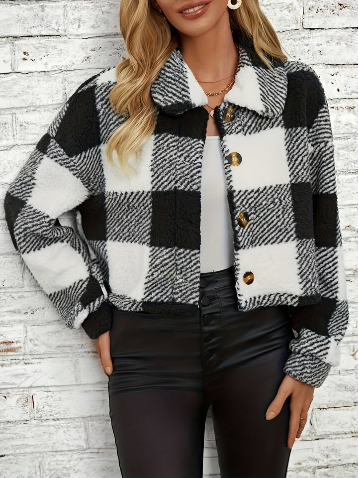 Checked Teddy Jacket with Button Closure - Clara-Black-XS-The Livary
