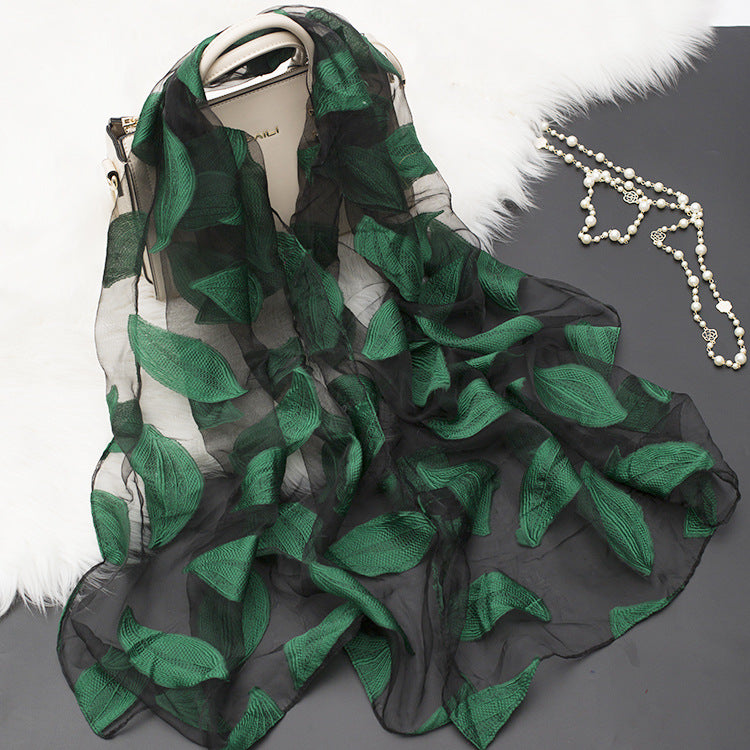Trendy women's silk scarf with floral pattern and cut-out design – Fiora (1+1 FREE)-Leaves green-The Livary