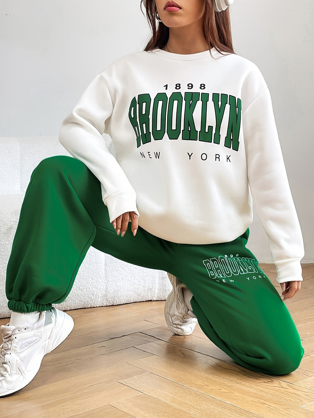 Two-piece Jogging Suit with Trendy Letter Print - Isabelle-Green-S-The Livary