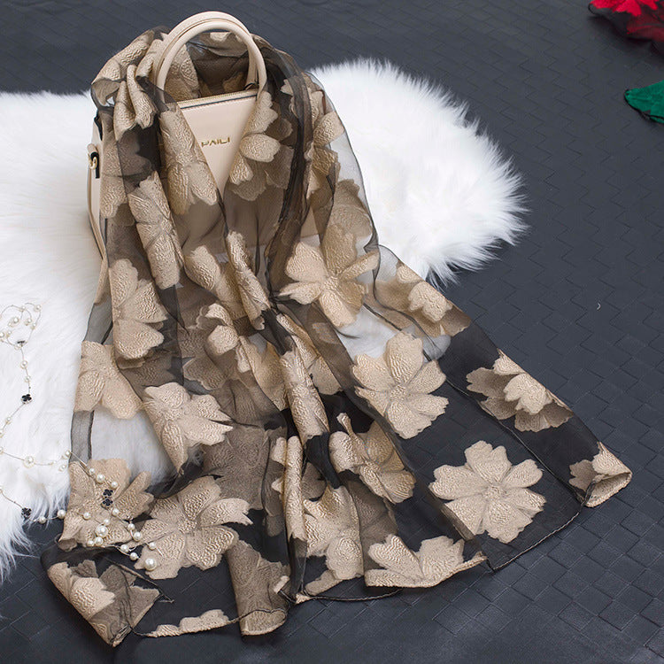 Trendy women's silk scarf with floral pattern and cut-out design – Fiora (1+1 FREE)-Beige-The Livary