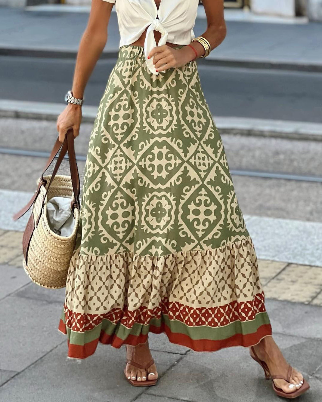 Printed Boho maxi skirt with a flowing cut & fringes – Yalina-Green-S-The Livary