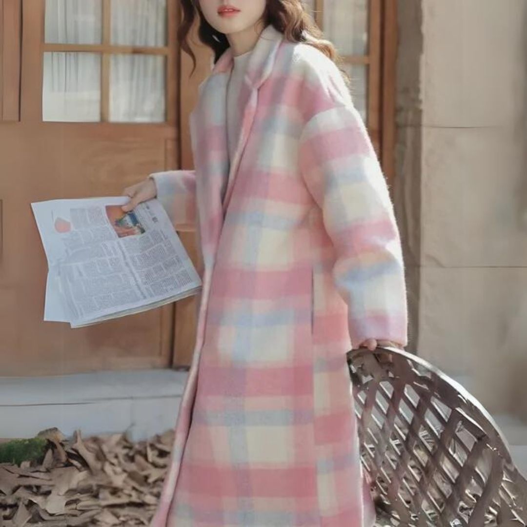 Pastel-Coloured Checked Wool Mix Coat with Double-Breasted Buttons - Sofie-XS-The Livary