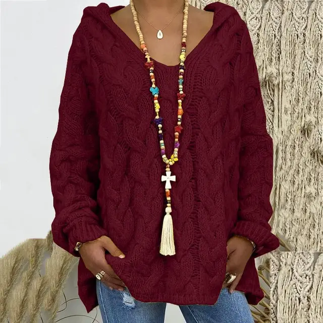 Timeless Cable Knit Sweater for Women - Maelle-Bordeaux red-S-The Livary