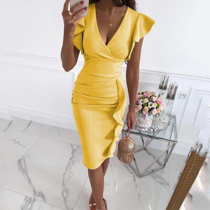 Stylish V-Neck Dress with Pleated Sleeves - Maud-Yellow-S-The Livary