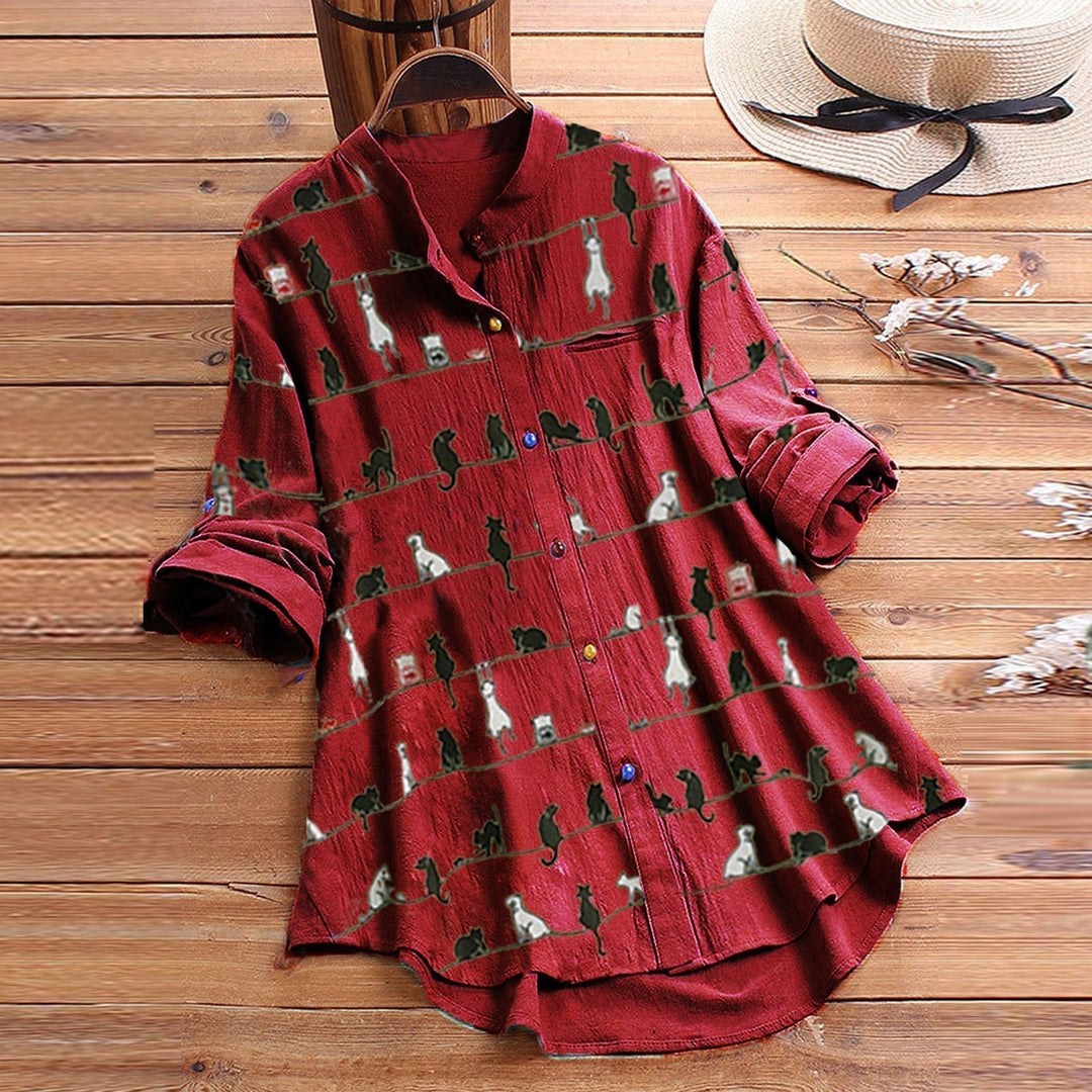 Light ladies' blouse with cat motif & button placket - Kaja-Red-S-The Livary