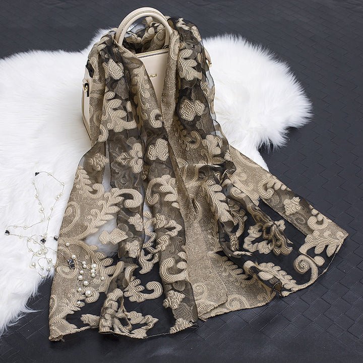 Trendy women's silk scarf with floral pattern and cut-out design – Fiora (1+1 FREE)-Flower beige-The Livary