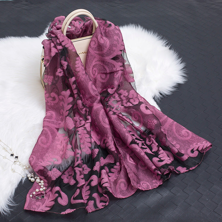 Trendy women's silk scarf with floral pattern and cut-out design – Fiora (1+1 FREE)-Purple flower-The Livary