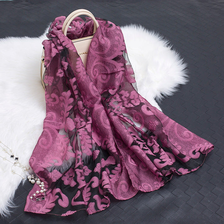 Trendy women's silk scarf with floral pattern and cut-out design – Fiora (1+1 FREE)-Purple flower-The Livary