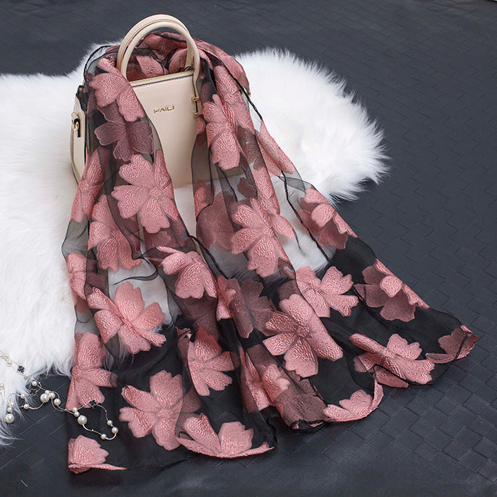 Trendy women's silk scarf with floral pattern and cut-out design – Fiora (1+1 FREE)-Leather pink-The Livary