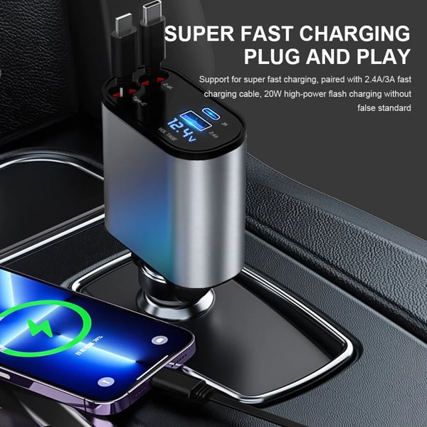 Retractable Car Fast Charger – VoltEdge-USB-C + iPhone-The Livary