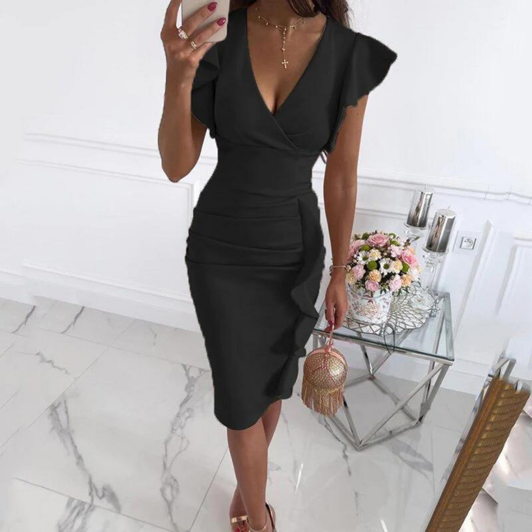 Stylish V-Neck Dress with Pleated Sleeves - Maud-Black-S-The Livary