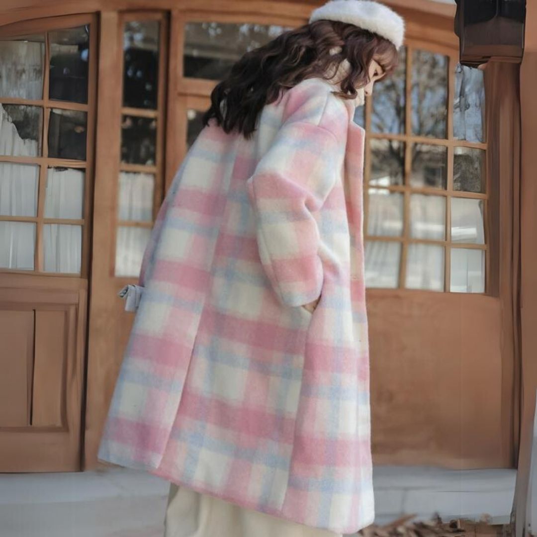 Pastel-Coloured Checked Wool Mix Coat with Double-Breasted Buttons - Sofie-XS-The Livary