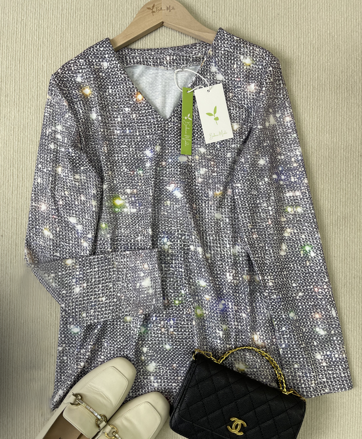 Shimmering Silver Disco Glitter V-Neck Long Sleeve - GlamFrost-S (36/38)-The Livary