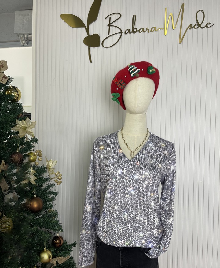 Shimmering Silver Disco Glitter V-Neck Long Sleeve - GlamFrost-S (36/38)-The Livary