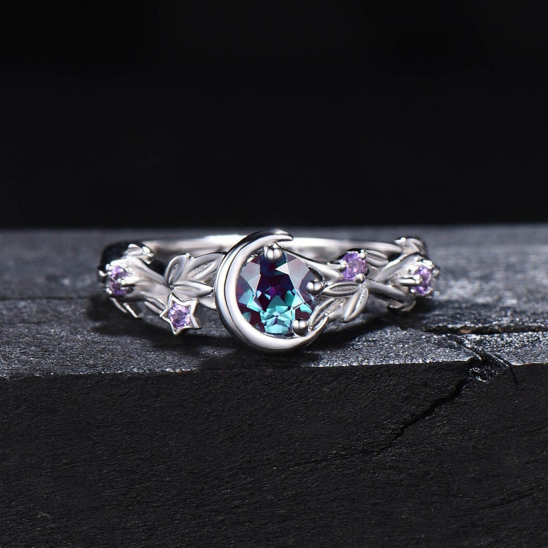Moonstone Colour-Changing Alexandrite and Amethyst Engagement Ring - Elara-Silver-1.93 inches-The Livary
