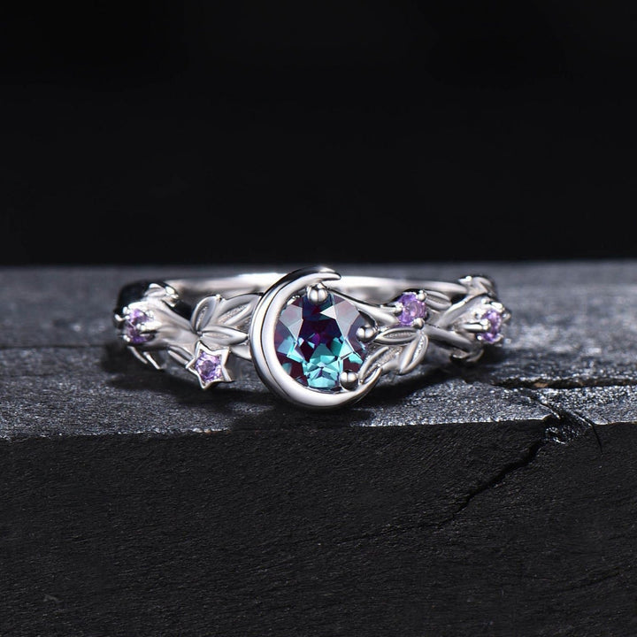 Moonstone Colour-Changing Alexandrite and Amethyst Engagement Ring - Elara-Silver-1.93 inches-The Livary