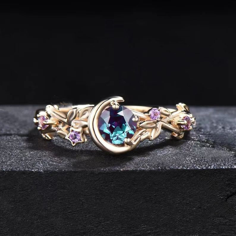 Moonstone Colour-Changing Alexandrite and Amethyst Engagement Ring - Elara-Gold-1.93 inches-The Livary