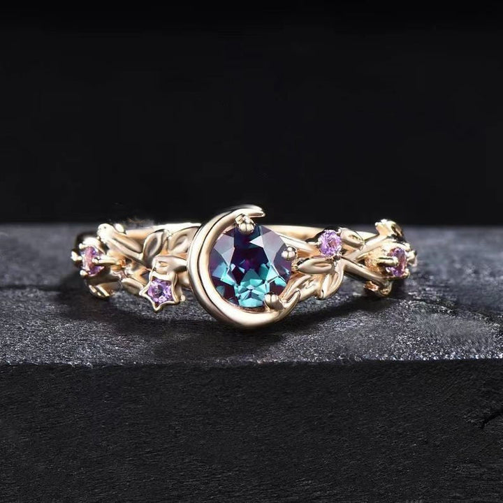 Moonstone Colour-Changing Alexandrite and Amethyst Engagement Ring - Elara-Gold-1.93 inches-The Livary