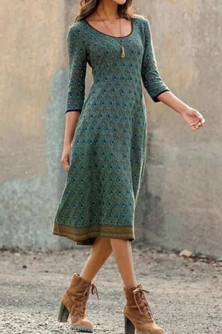 Airy & Stylish Women's Midi Dress with Print and Half Sleeves - Livia-Green-S-The Livary