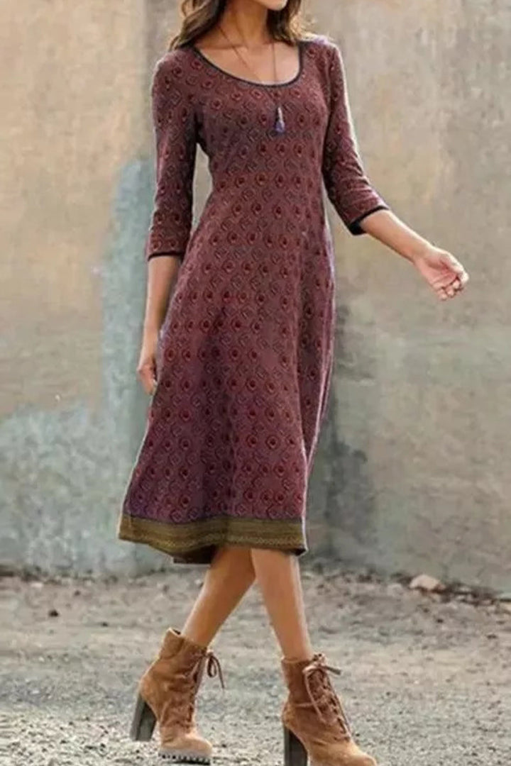 Airy & Stylish Women's Midi Dress with Print and Half Sleeves - Livia-Brown-S-The Livary