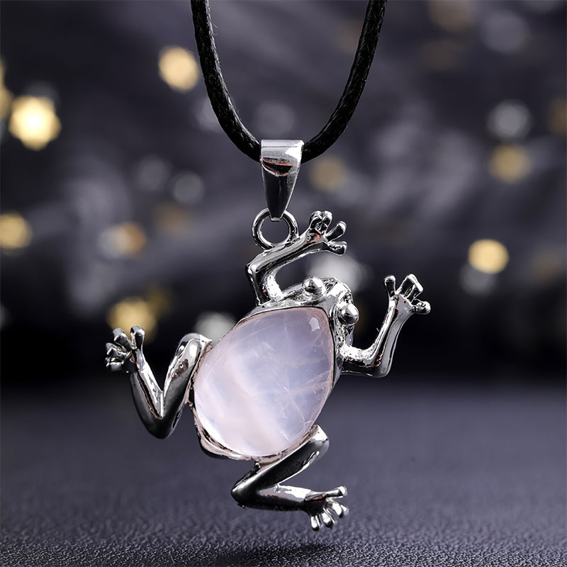 Natural Crystal Frog Meditation Necklace - Gaia-Rose quartz-The Livary