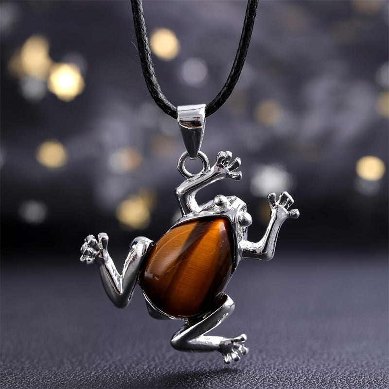 Natural Crystal Frog Meditation Necklace - Gaia-Tiger's eye-The Livary