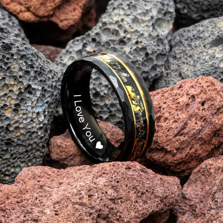 Golden Leaf and Black Meteorite Tungsten Ring - Orion-1.93 inches-The Livary